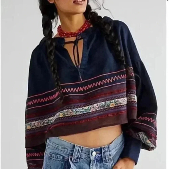 Free People Tops - NWT - Free People Poppy Embroidered Indigo Crop Top SIZE: M